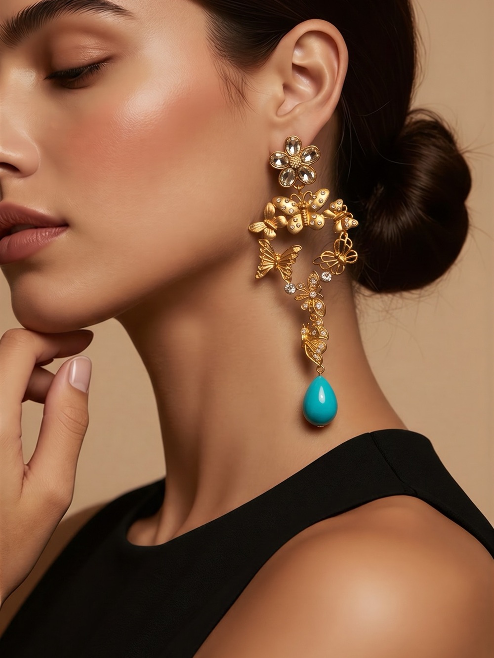 Catwalk Jon Gold Floral Butterfly Drop Earrings with Turquoise Teardrop